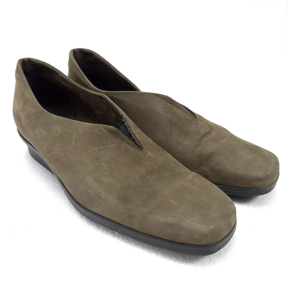 Arche Olive Green Leather V-Cut Slip-On Wedge Shoes Womens Size 38